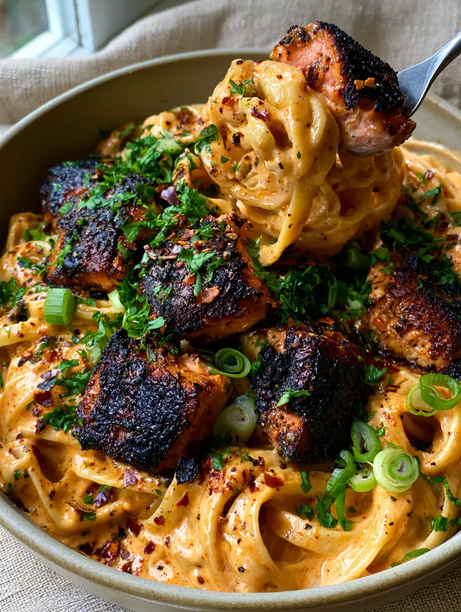 Extreme close-up of Cajun salmon pasta in a matte bowl showing the glossy orange cream sauce and blackened salmon textures.