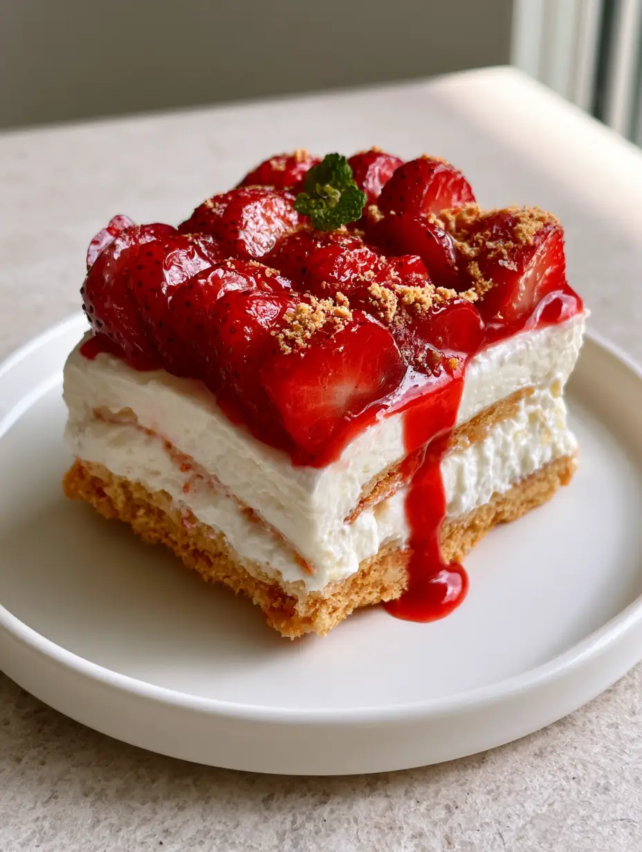 Strawberry Lasagna Recipe: The Ultimate No-Bake Summer Dessert 3 Macro photo of Strawberry Lasagna showing sharp layers of Golden Oreo crust, cream cheese, and whipped cream topped with ruby strawberries.
