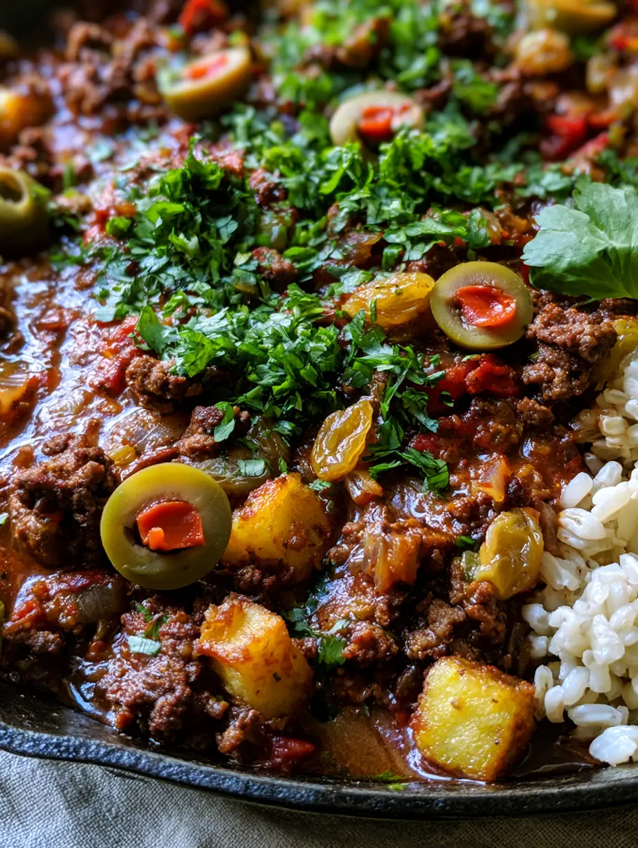 Cuban Picadillo: The Ultimate Savory and Sweet Skillet Recipe 4 Close-up handheld smartphone photo of Cuban picadillo showing glossy tomato-wine sauce and crispy-edged potato cubes.