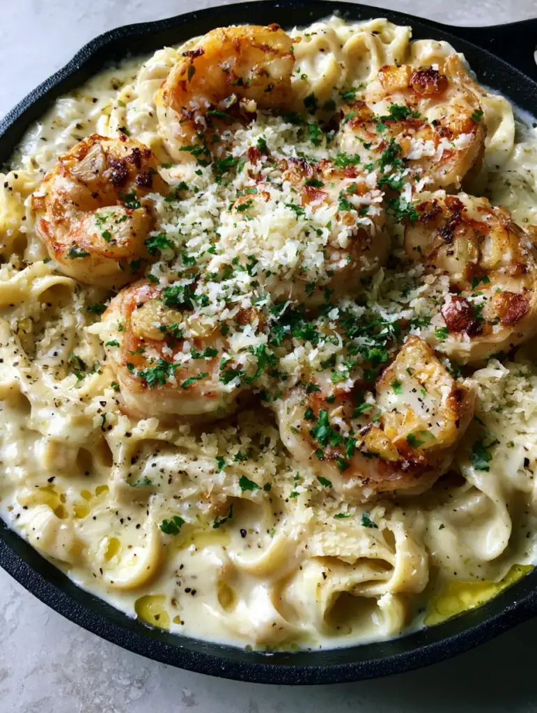 Fettuccine pasta coated in thick ivory garlic cream sauce for Shrimp Alfredo.