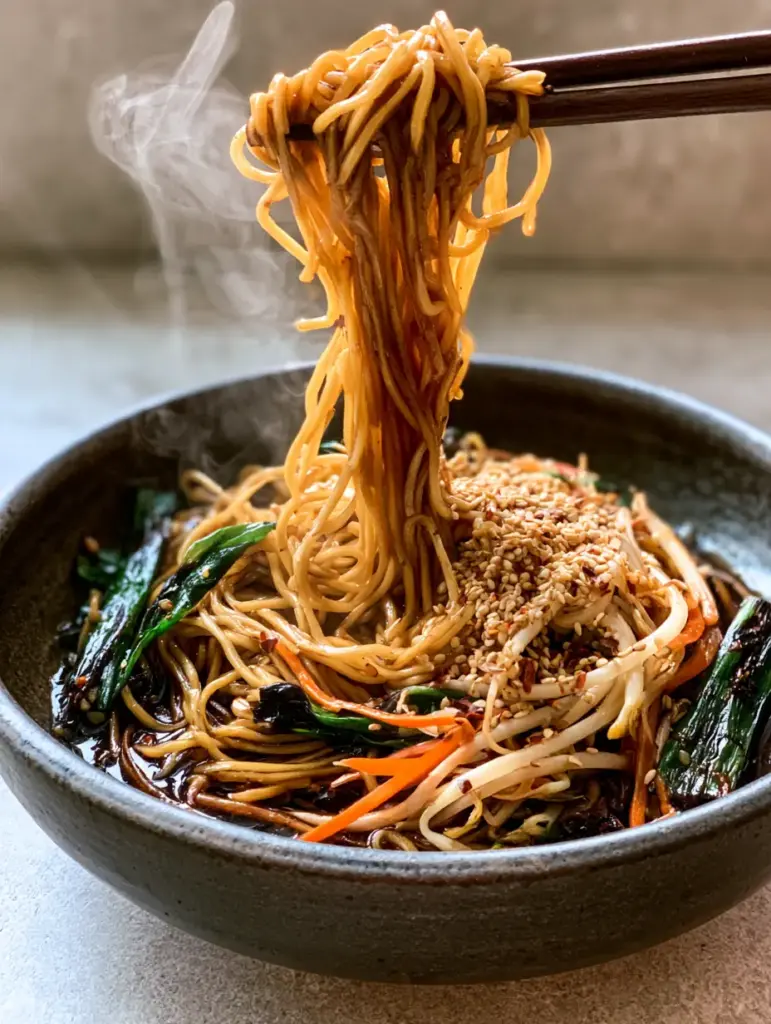Chow Mein: The Ultimate Wok-Seared Noodle Recipe 2 Close-up of golden-brown Chow Mein noodles showing the rich dark soy glaze and julienned carrots in a matte charcoal bowl. (Chow Mein)