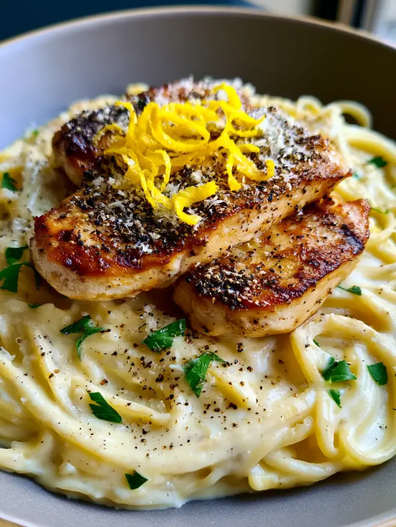Close-up of seared golden-brown chicken breast slices with grill marks resting on a bed of creamy lemon pasta with parmesan dusting.