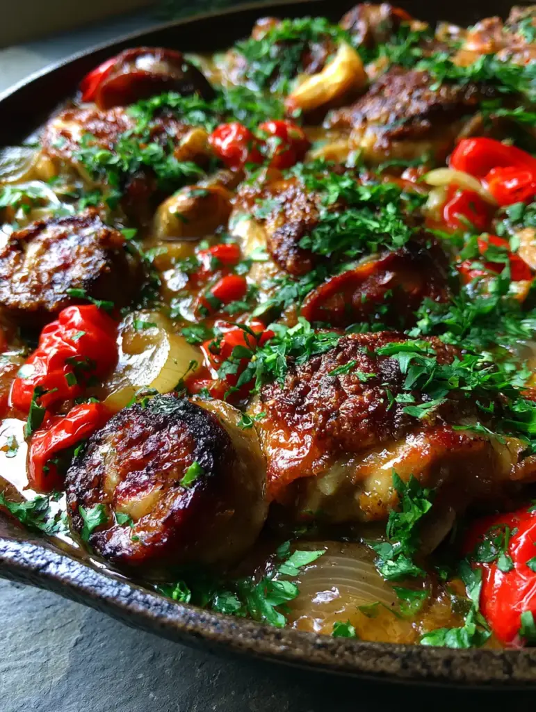 Rustic overhead view of Chicken scarpariello with roasted whole garlic cloves and fresh parsley.