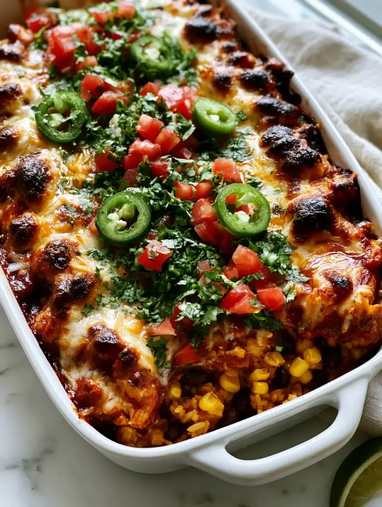 Macro shot of charred cheese edges and bubbling monterey jack on a Mexican chicken casserole topped with fresh jalapenos.