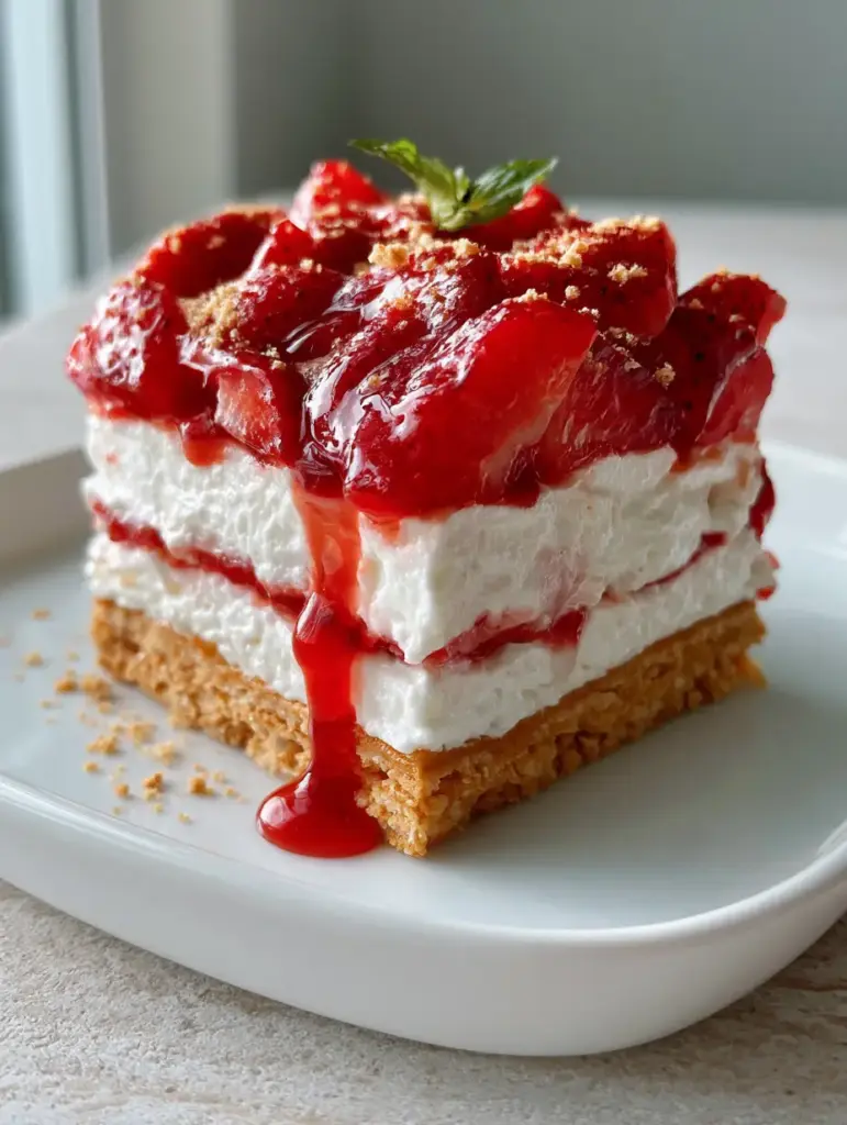 Strawberry Lasagna Recipe: The Ultimate No-Bake Summer Dessert 1 A square slice of Strawberry Lasagna served on a stone background with strawberry coulis cascading down the side.