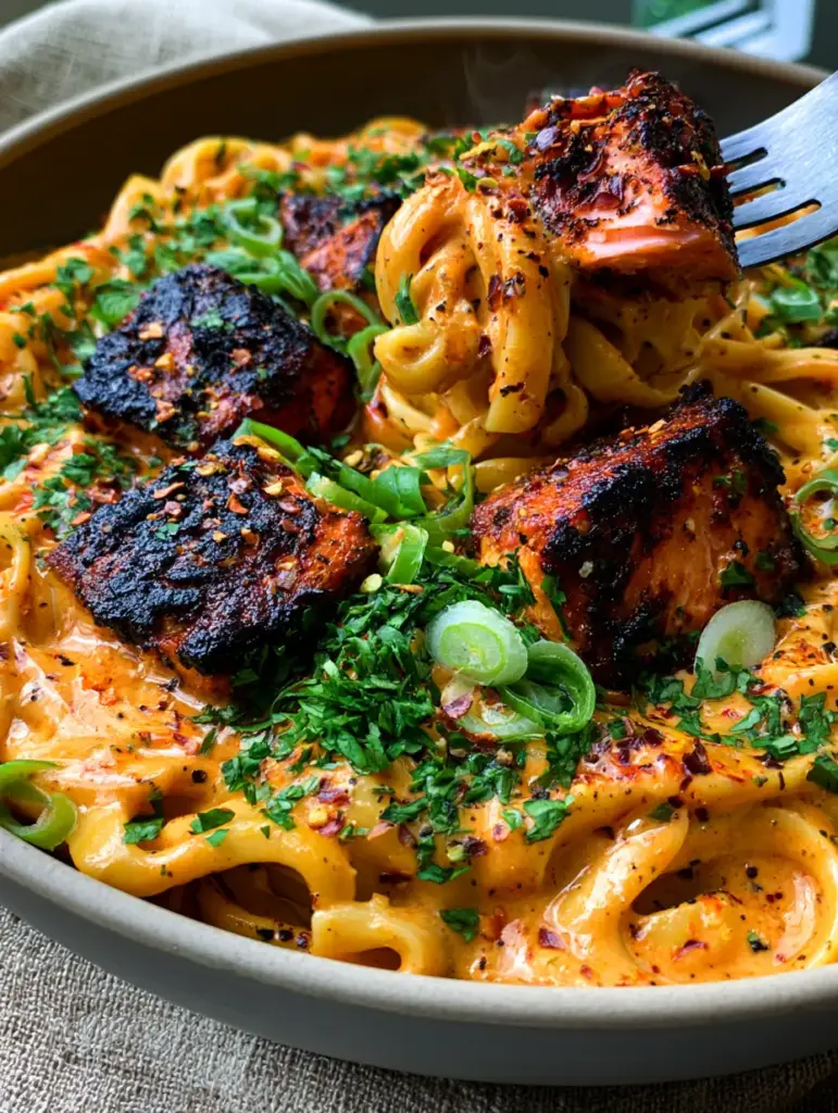 A fork lifting a tangle of creamy fettuccine and a blackened piece of salmon from a bowl of Cajun salmon pasta.