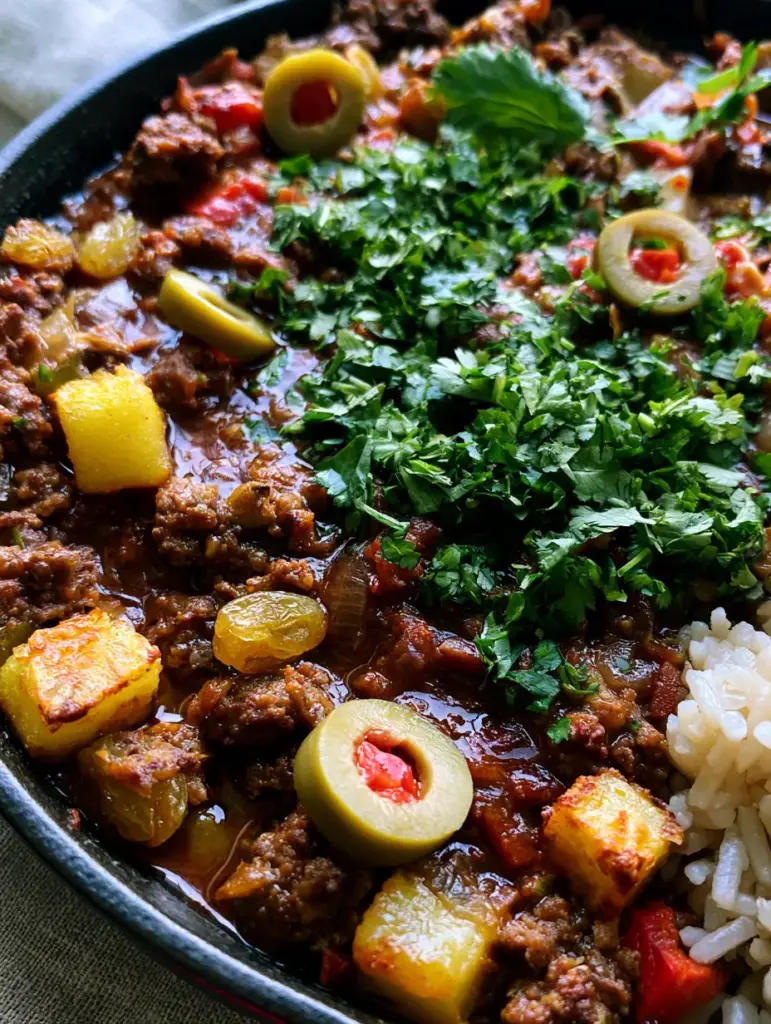Cuban Picadillo: The Ultimate Savory and Sweet Skillet Recipe 1 Side view of Cuban picadillo in a cast iron pan with a side of fluffy steamed white rice and fresh cilantro flakes.