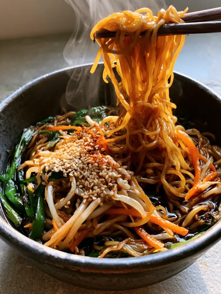 Chow Mein: The Ultimate Wok-Seared Noodle Recipe 1 Vertical smartphone photo of steaming Chow Mein with visible wisps of steam and red chili flake garnish.