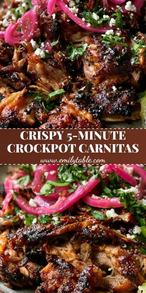 A stack of charred corn tortillas filled with crispy shredded pork from this Carnitas Crockpot Recipe, garnished with pickled onions and cilantro.