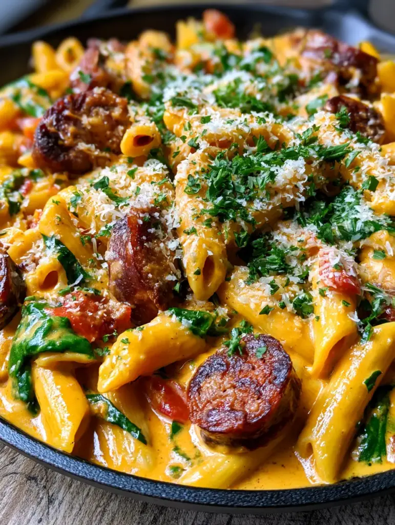 Macro perspective of seared Andouille sausage and bright green spinach ribbons in a creamy Cajun pasta dish.
