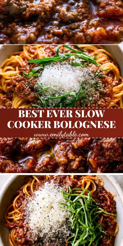 A split-screen Pinterest pin showing a close-up of meaty bolognese sauce and a rustic bowl of Spaghetti Bolognese twirled with parmesan.