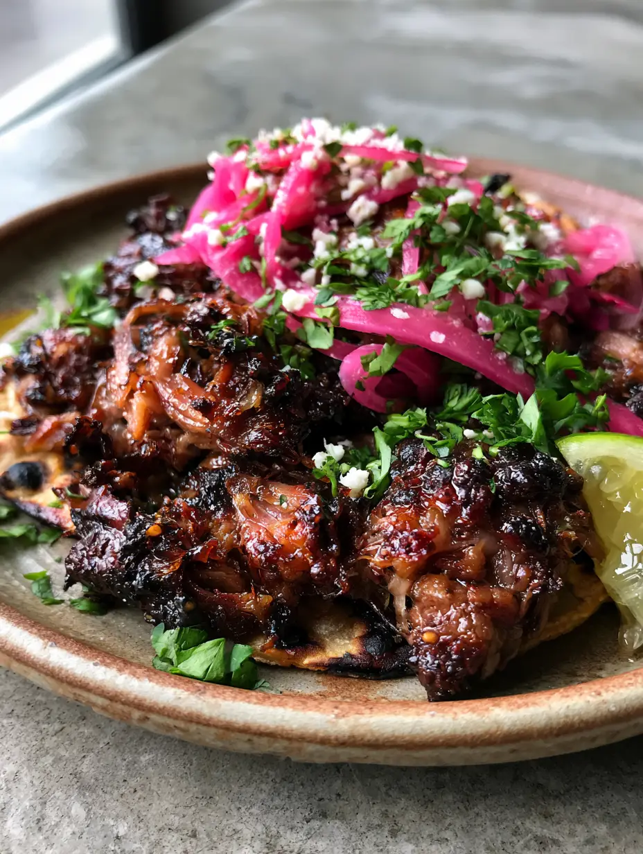 Close-up handheld photo of shredded Mexican carnitas on a rustic ceramic plate with lime wedges and cilantro. (Carnitas Crockpot Recipe)