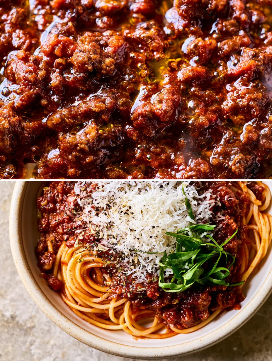 Macro close-up of thick, rich bolognese sauce with browned beef and seared Italian sausage. (Spaghetti Bolognese)