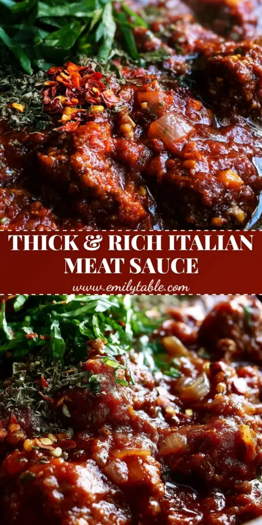 A deep rustic ceramic bowl filled with thick Italian Spaghetti Sauce over pappardelle pasta, featuring chunky meat and fresh basil. (Italian Spaghetti Sauce)