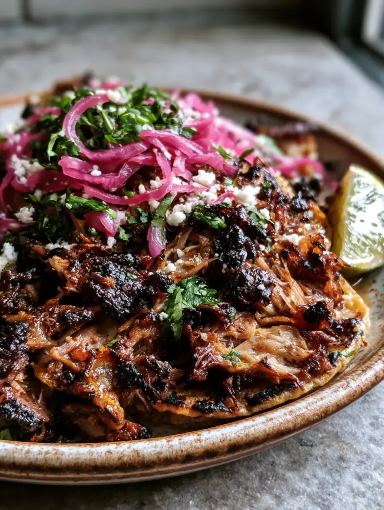 Detailed shot of Mexican carnitas tacos with pickled red onions and crumbled cotija cheese.