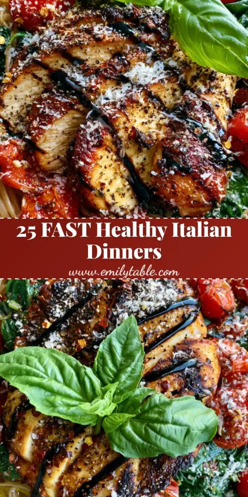 A split-screen view of Healthy Tuscan Chicken Pasta with charred chicken, blistered tomatoes, and balsamic glaze drizzle in a grey bowl. (Italian dinner ideas)