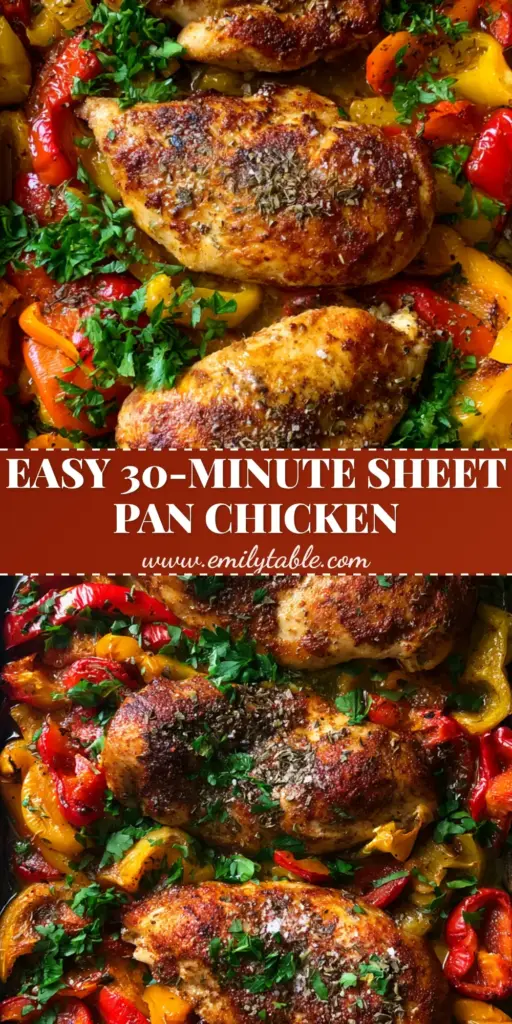 A high-angle photo of Baked Chicken and Peppers on a rustic sheet pan with charred bell peppers and smoked paprika dusting.