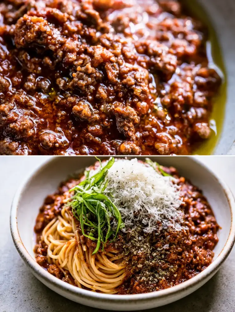 Flat lay of a rustic white bowl filled with Spaghetti Bolognese topped with basil ribbons and grated parmesan cheese.