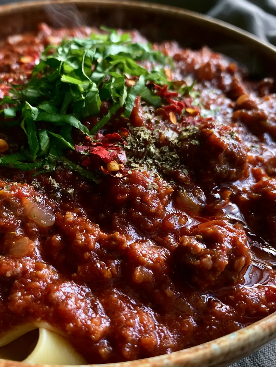 Extreme close-up macro shot of thick crimson Italian Spaghetti Sauce showing seared sausage chunks and glossy tomato textures. (Italian Spaghetti Sauce)