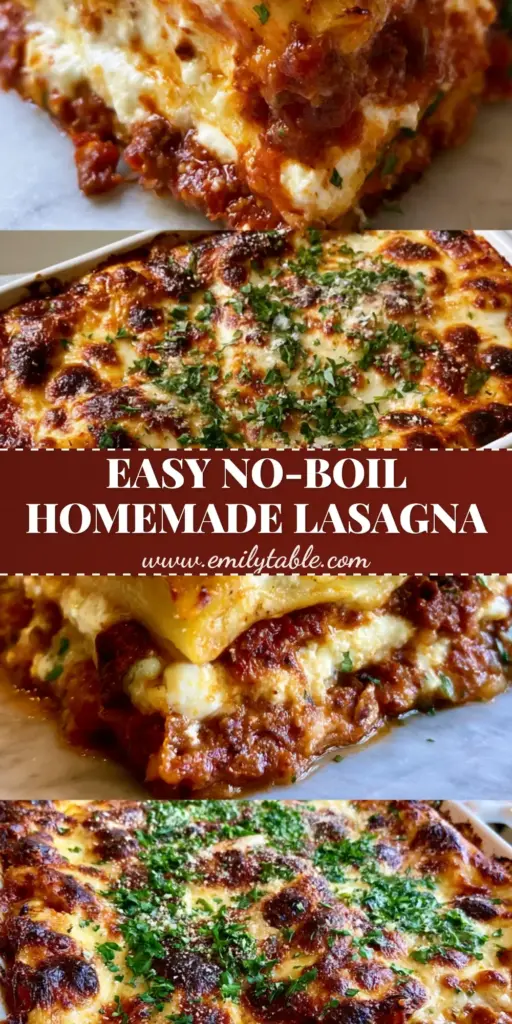 A vertical split-screen showing a macro close-up of a thick baked lasagna slice with stable layers and an overhead shot of the full ceramic dish with charred golden cheese spots.