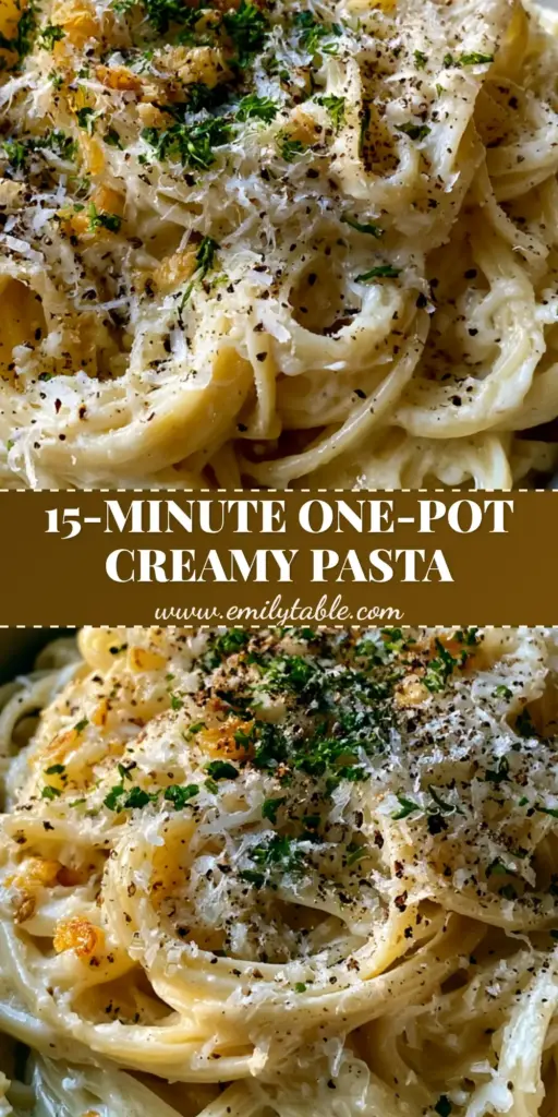 A handheld smartphone photo of 15-minute one-pot Creamy Parmesan Pasta in a matte ceramic bowl featuring al dente linguine ribbons, melting parmesan, and emerald parsley.