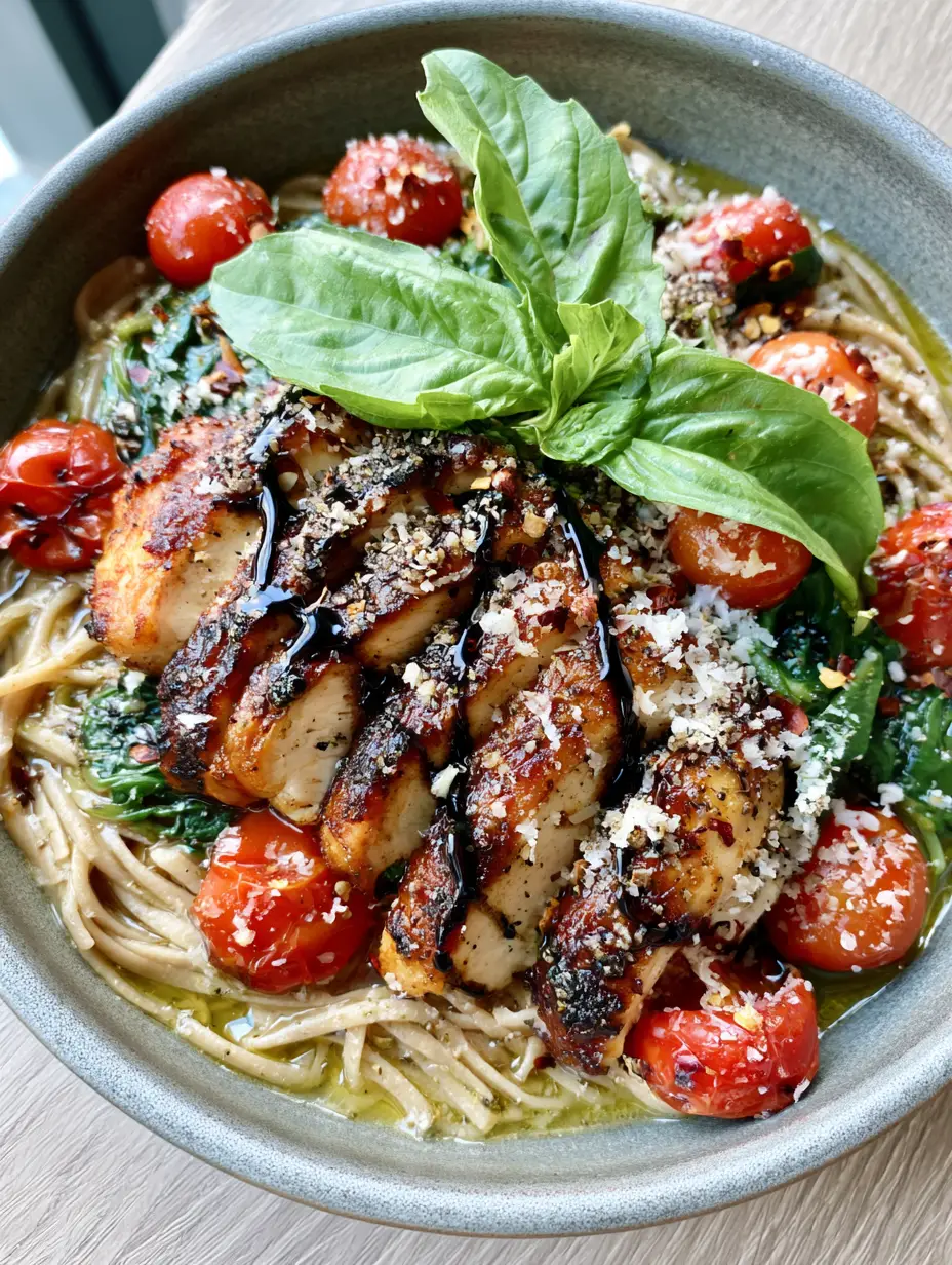 Top-down view of vibrant Tuscan chicken pasta with snowy parmesan and fresh basil. (Italian dinner ideas)