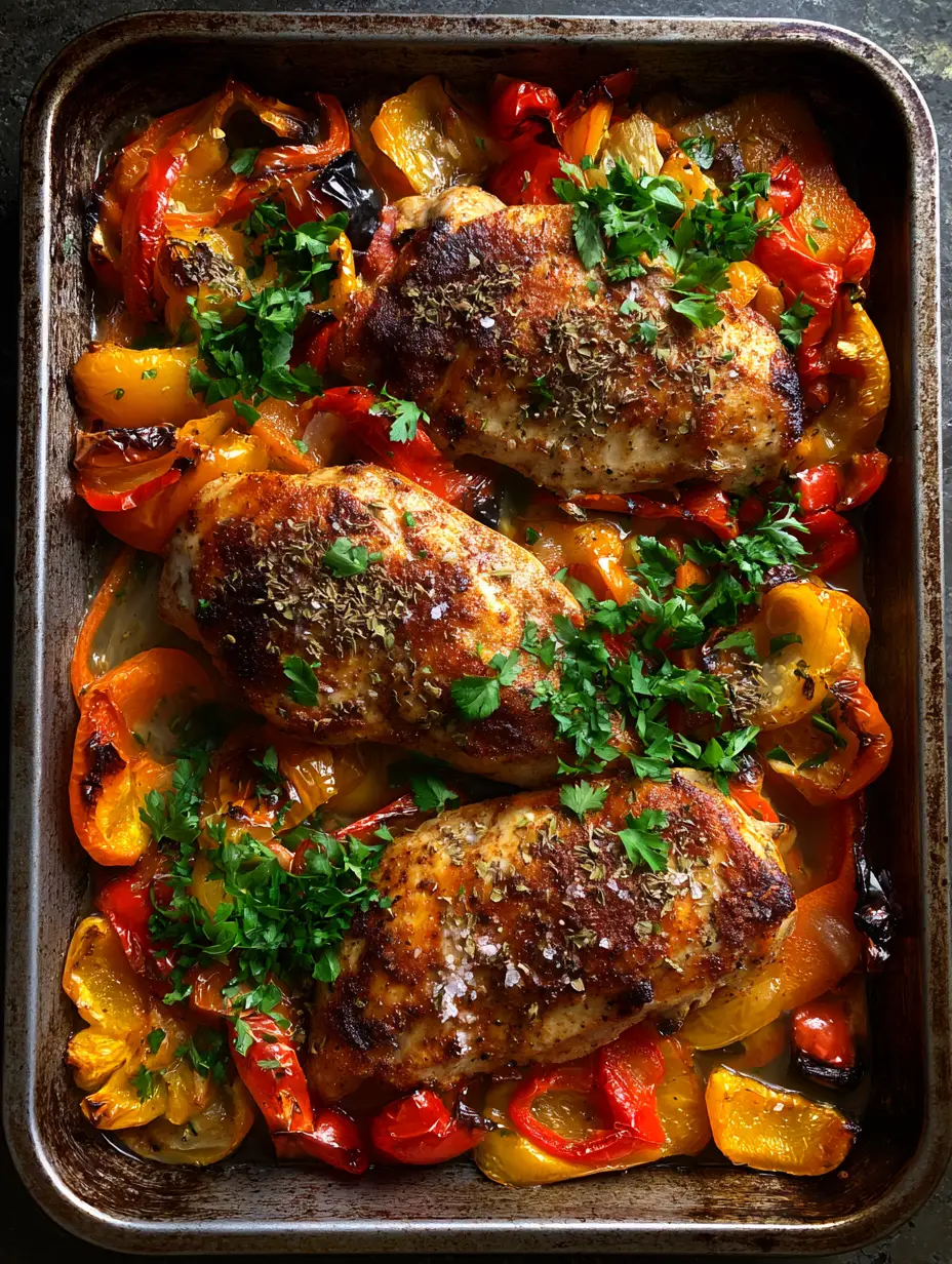 Close up of succulent Baked Chicken and Peppers featuring blistered red, yellow, and orange bell pepper strips.