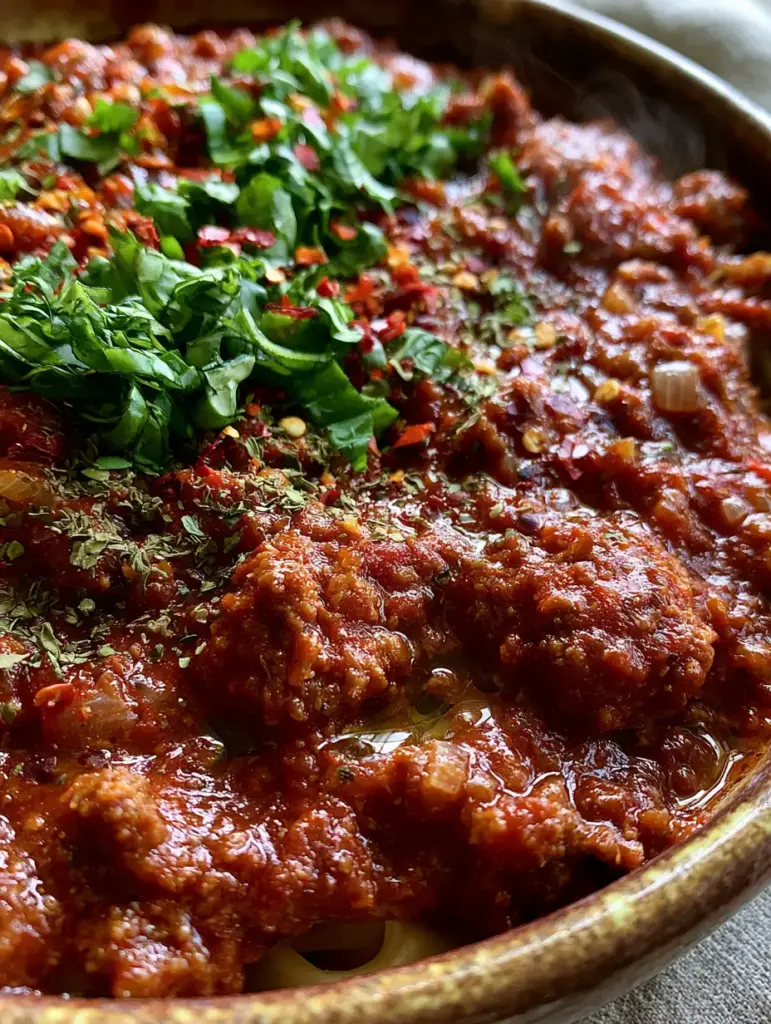 Macro view of Italian Spaghetti Sauce garnished with fresh green basil ribbons and dried oregano over pappardelle.