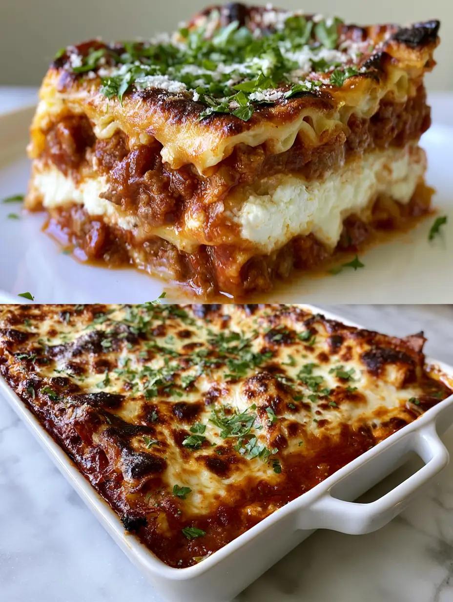 Macro close-up of a slice of baked lasagna showing thick ricotta layers and chunky crimson meat sauce with visible steam.