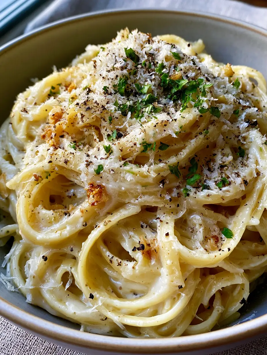 Close up of Creamy Parmesan Pasta with glistening velvet garlic butter sauce and golden sautéed garlic bits.