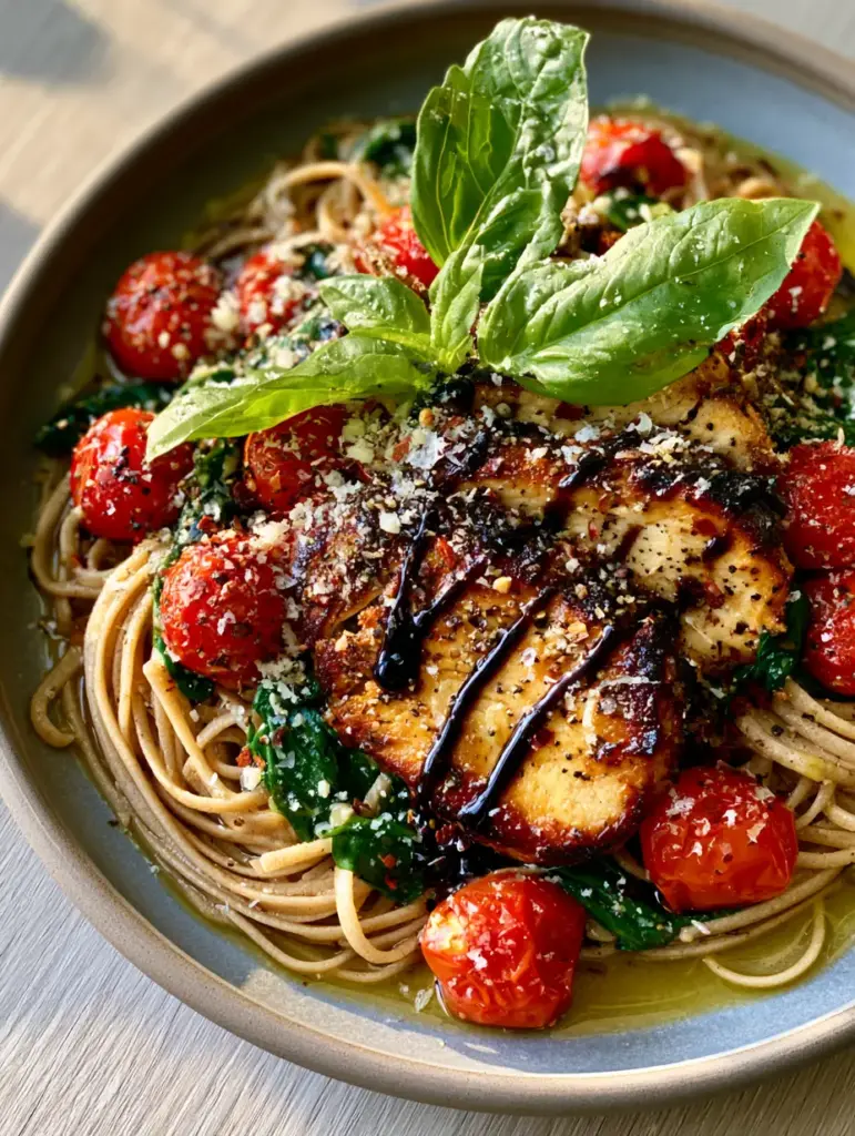 Close-up 45-degree angle of charred chicken slices and blistered cherry tomatoes on linguine.