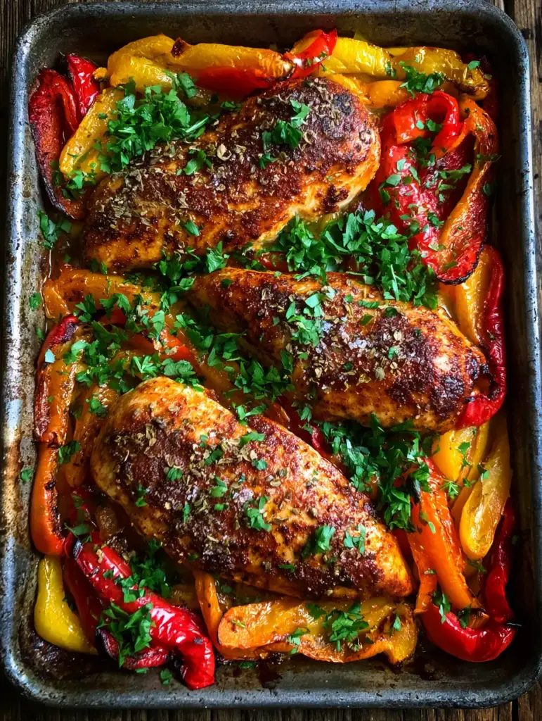 A weathered steel sheet pan filled with Baked Chicken and Peppers seasoned with parsley and sea salt.