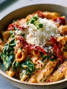 Close-up of creamy penne pasta with bright red sun-dried tomatoes and wilted spinach. (spicy spinach and sun-dried tomato pasta)