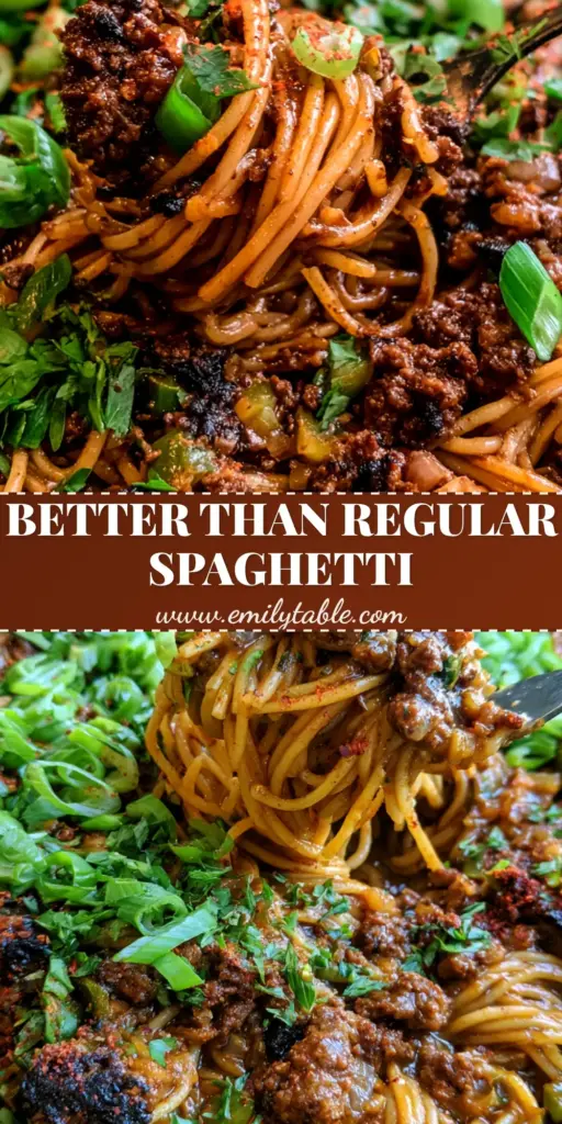 Cajun Inspired Dirty Spaghetti with Seared Ground Beef 4 A close-up shot of Cajun inspired dirty spaghetti in a cast iron skillet with charred ground beef and fresh scallions.