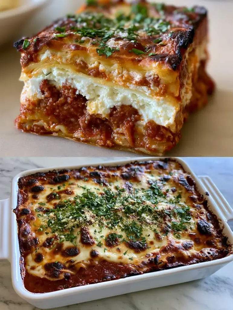 Overhead view of a white ceramic dish containing baked lasagna with melted mozzarella and deep golden-brown charred spots.