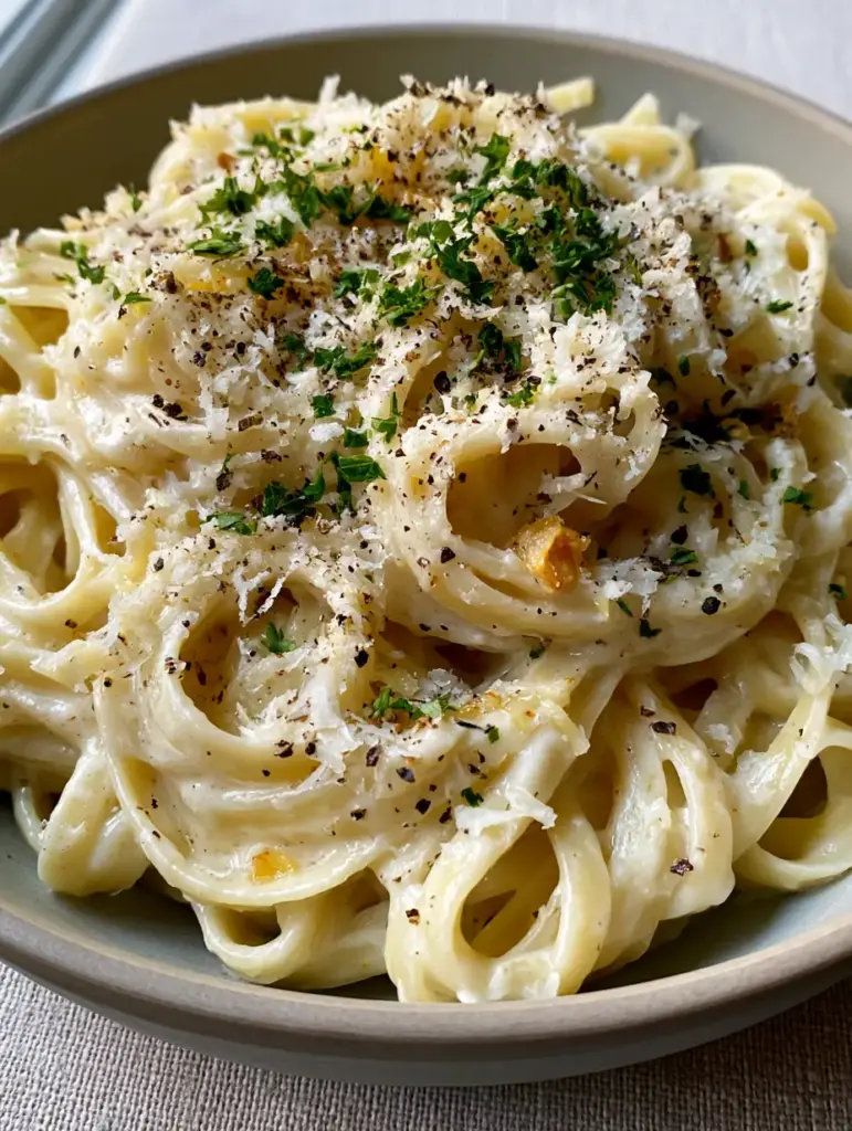 Creamy Parmesan Pasta in a shallow ceramic bowl with fresh parsley and micro-planed parmesan on a linen background.