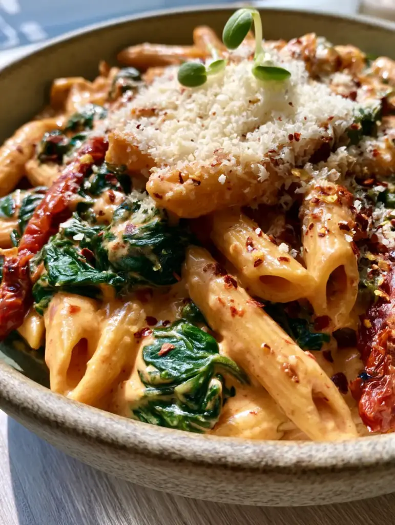 Overhead view of spicy spinach and sun-dried tomato pasta in a matte ceramic bowl with natural side-lighting.