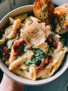 Close up shot of creamy Tuscan sun-dried tomato penne showing the glossy sauce and parmesan shavings.