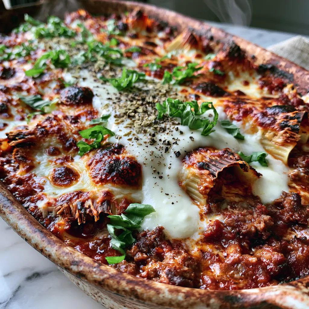 Beef Cannelloni Recipe with Rich Béchamel and Ricotta 2 Top-down view of beef cannelloni recipe in a ceramic dish with steam rising and melted parmesan crust.