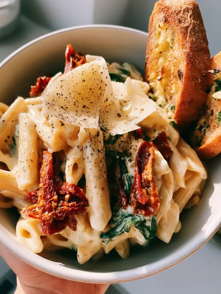 Tuscan sun-dried tomato penne served in a matte white bowl with rustic garlic bread on the side.