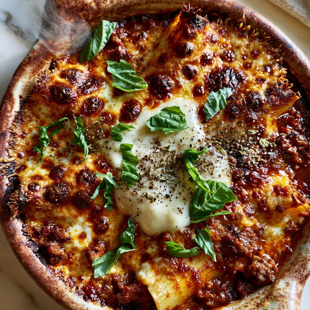 Beef Cannelloni Recipe with Rich Béchamel and Ricotta 1 Close-up texture of bubbly mozzarella and browned beef ragu in a beef cannelloni recipe.