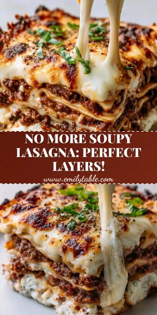 A towering square slice of beef lasagna showing five clean layers of wavy noodles, ricotta, and chunky beef sauce with a long cheese pull.