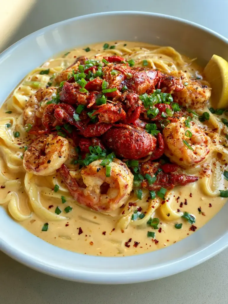 Pappadeaux Mardi Gras Pasta: A Creamy Cajun Seafood Masterpiece 1 Detailed close-up of glossy fettuccine pasta with reddish-orange crawfish tails and tiny specks of blackened seasoning.