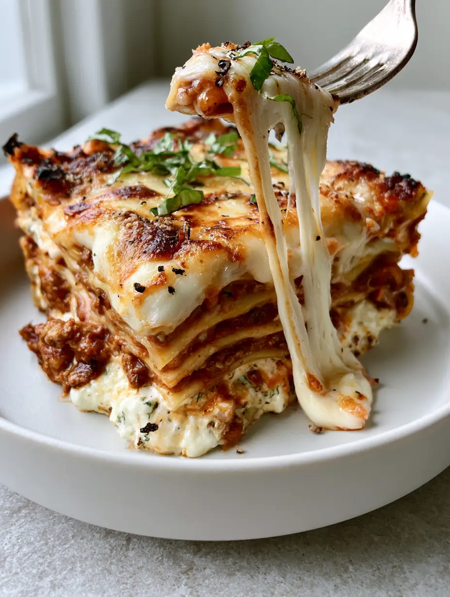 Macro side view of a beef lasagna slice revealing thick bolognese sauce and creamy white ricotta layers on a white plate.