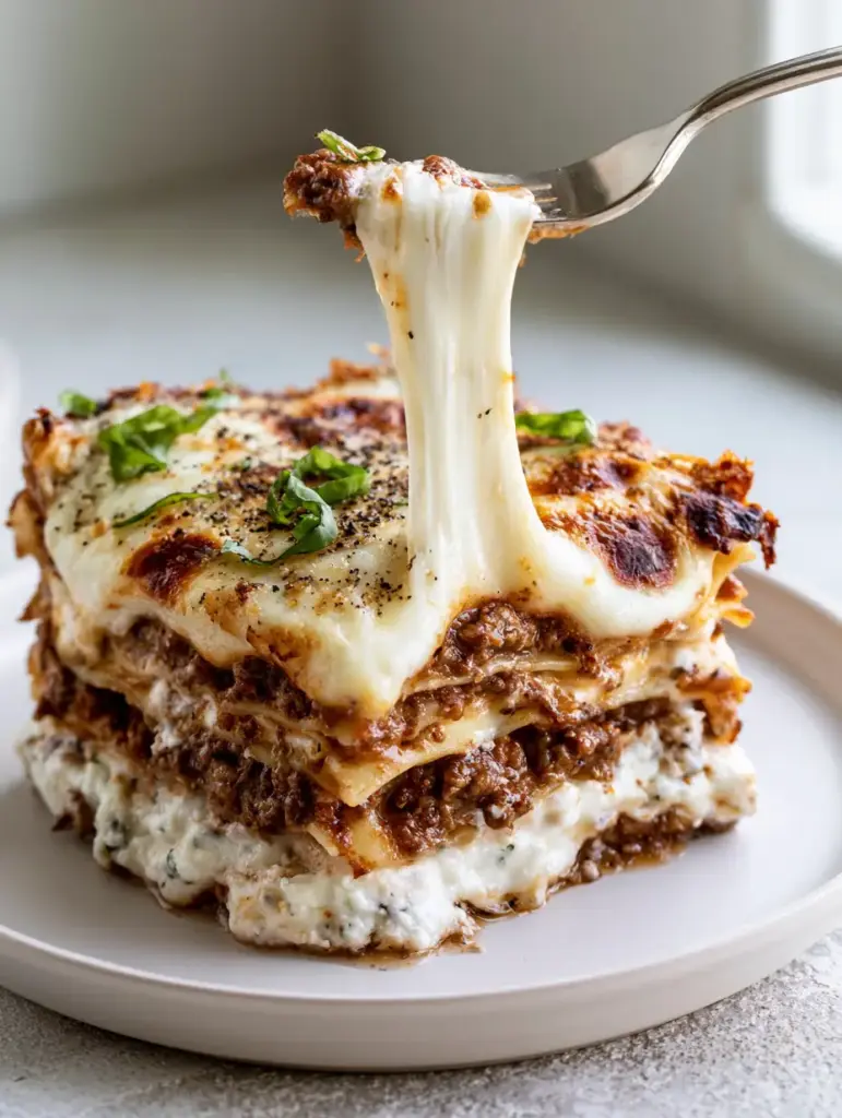 Close up of the toasted golden parmesan crust on top of a bubbling beef lasagna garnished with basil.