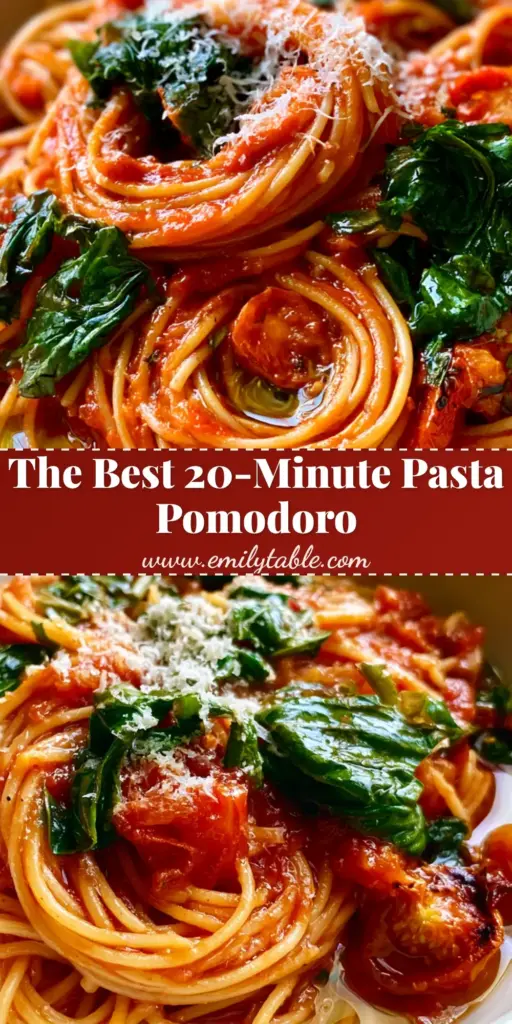 A close-up of swirling nests of Pasta Pomodoro in a white bowl with blistered cherry tomatoes and hand-torn basil.
