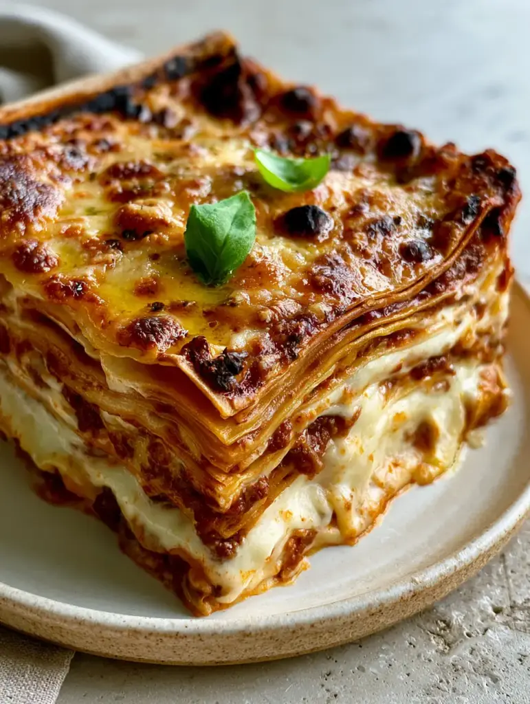 Lasagna Bolognese: The Ultimate Authentic 10-Layer Italian Masterpiece 1 Top view of Lasagna Bolognese featuring bubbly toasted parmesan cheese crust and fresh green basil leaves.