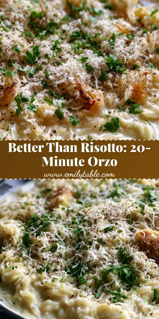 A close-up shot of creamy garlic parmesan orzo in a black skillet with roasted garlic cloves and melted butter pools. (creamy garlic parmesan orzo)