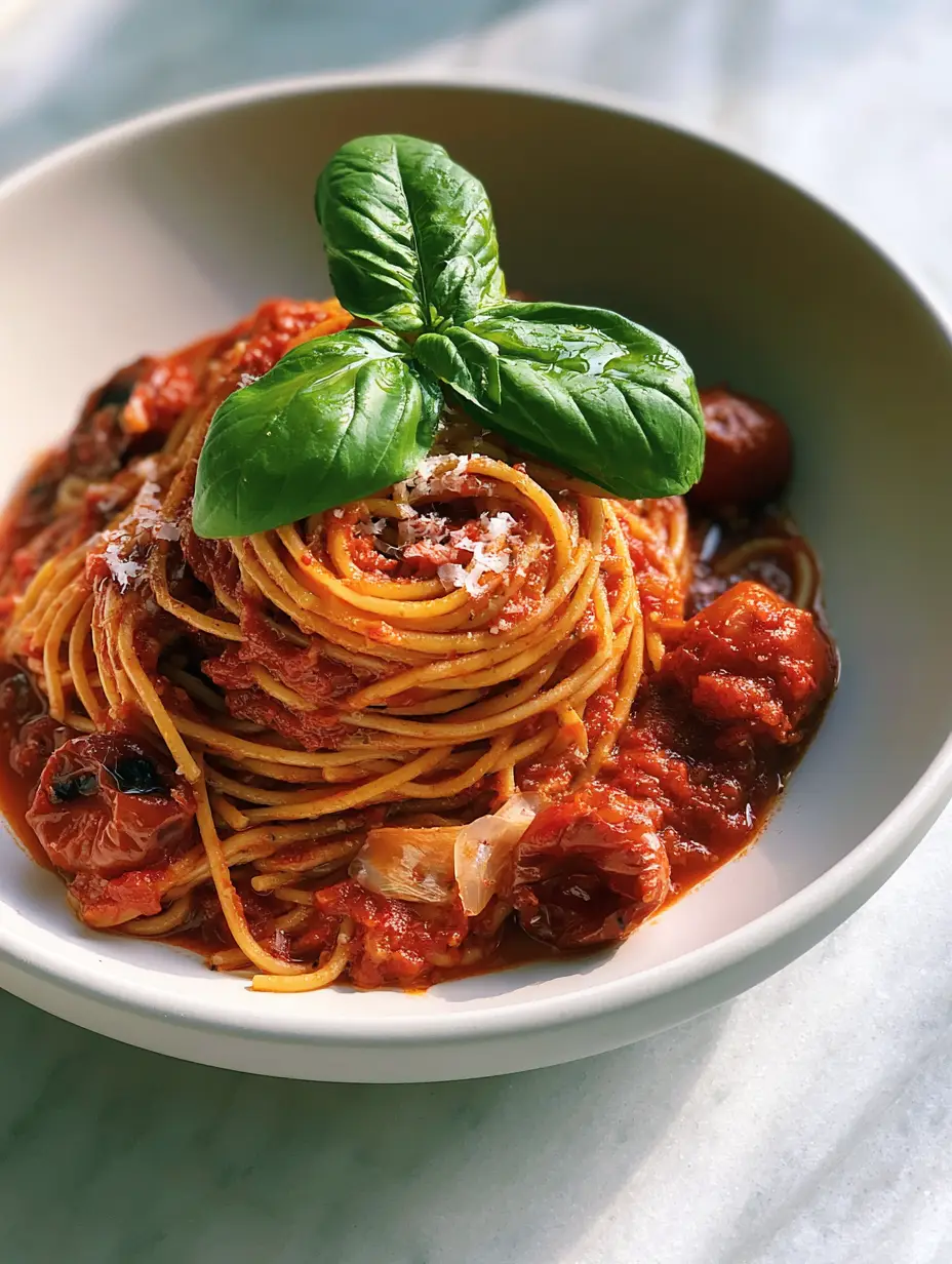 Close up of Pasta Napoletana showing thick glossy red pomodoro sauce and translucent garlic slivers on spaghetti.