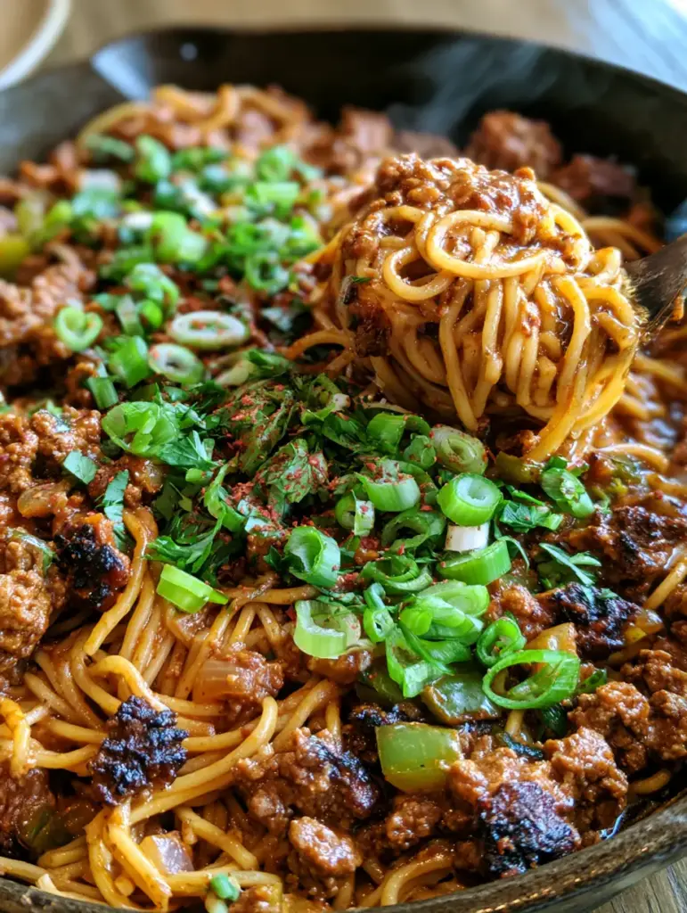 Cajun Inspired Dirty Spaghetti with Seared Ground Beef 2 A handheld smartphone photo of a rustic cast iron skillet filled with Cajun inspired dirty spaghetti featuring thin noodles and a glossy mahogany sauce.